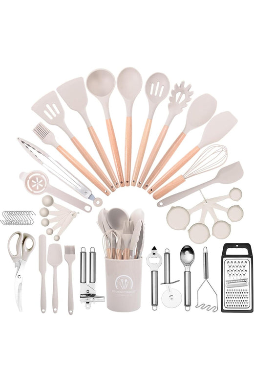 Kitchen Cooking Utensils Set, 46 pcs Non-Stick Silicone Spatula Set with Holder, Wooden Handle