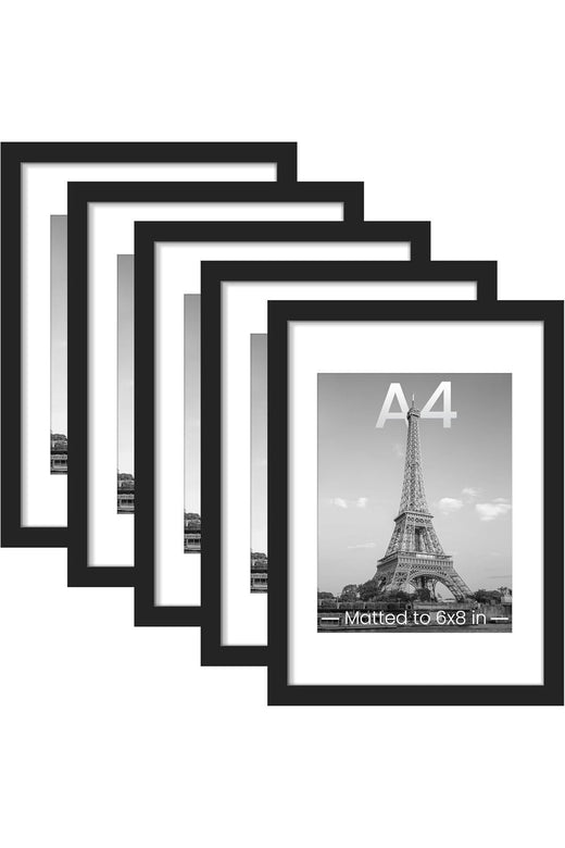 A4(21x29.7cm) Picture Frames, Set of 5, Display Pictures, 15.2 x 20.3cm With Mat or 21.3 x 20.3cm Without Mat, Wall Gallery, Poster Frames, Black